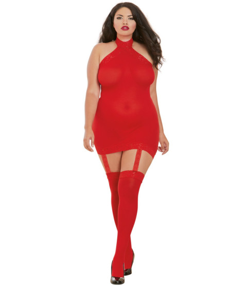 Bodystocking rouge grande taille effet guêpière avec dentelle 